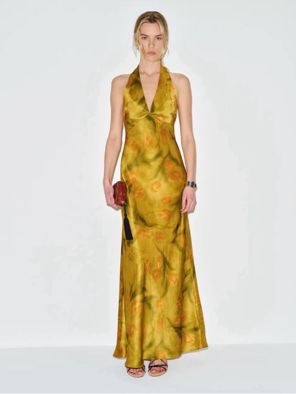 Reformation Daniela Halter Neck Floral-Print Satin Gown